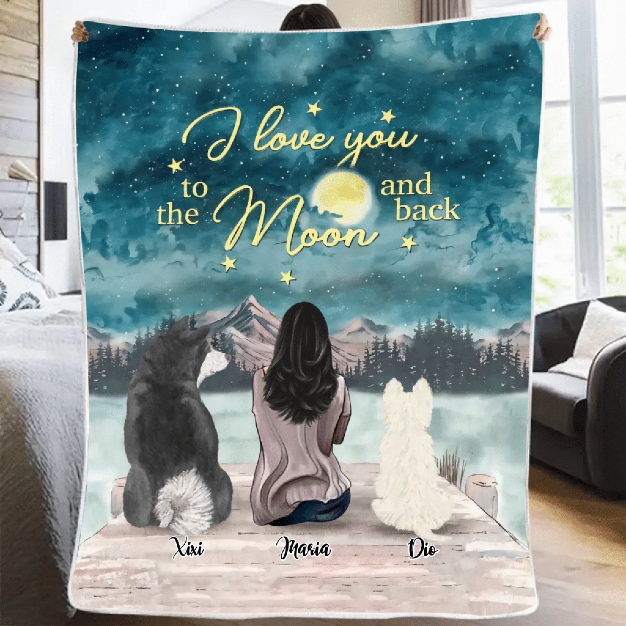 Dog Lover Gifts - Girl and Dogs - I love you to the moon and back (Custom Blankets) - Personalized Blanket 722866 - DiyGiftly