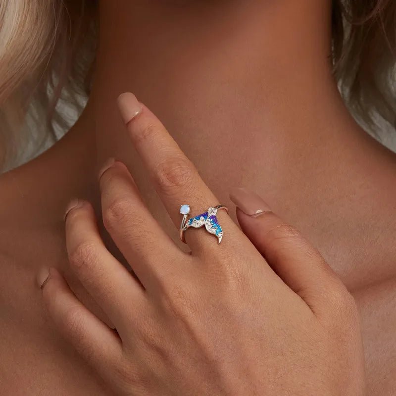 Dream Mermaid Tail Open Ring in Sterling Silver – Iridescent Opal & Zircon Fantasy Jewelry Valentines Gift - DiyGiftly