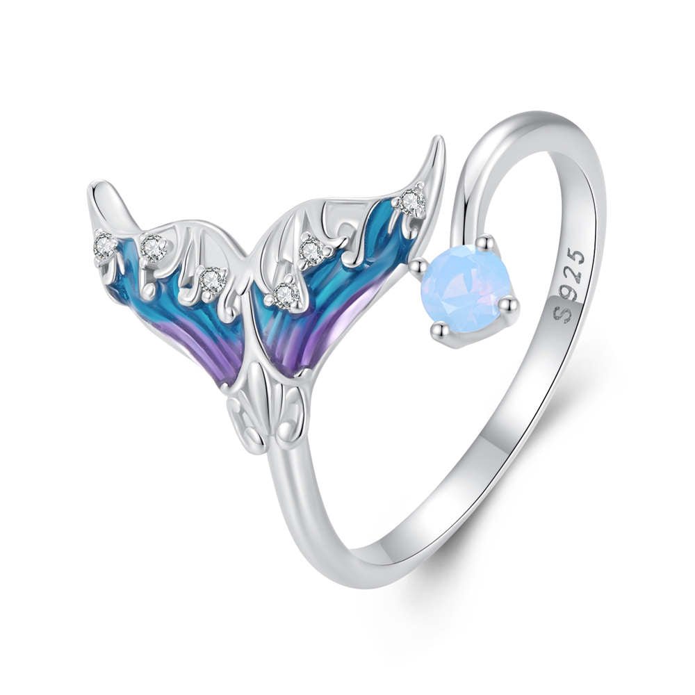 Dream Mermaid Tail Open Ring in Sterling Silver – Iridescent Opal & Zircon Fantasy Jewelry Valentines Gift - DiyGiftly