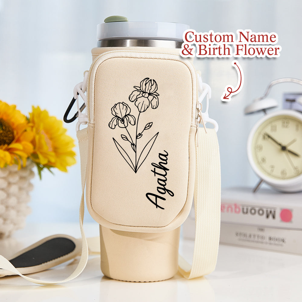 Personalized Birth Flower Waterproof Bottle Carrier Bag for 40oz Stanley Tumbler Gift for Her