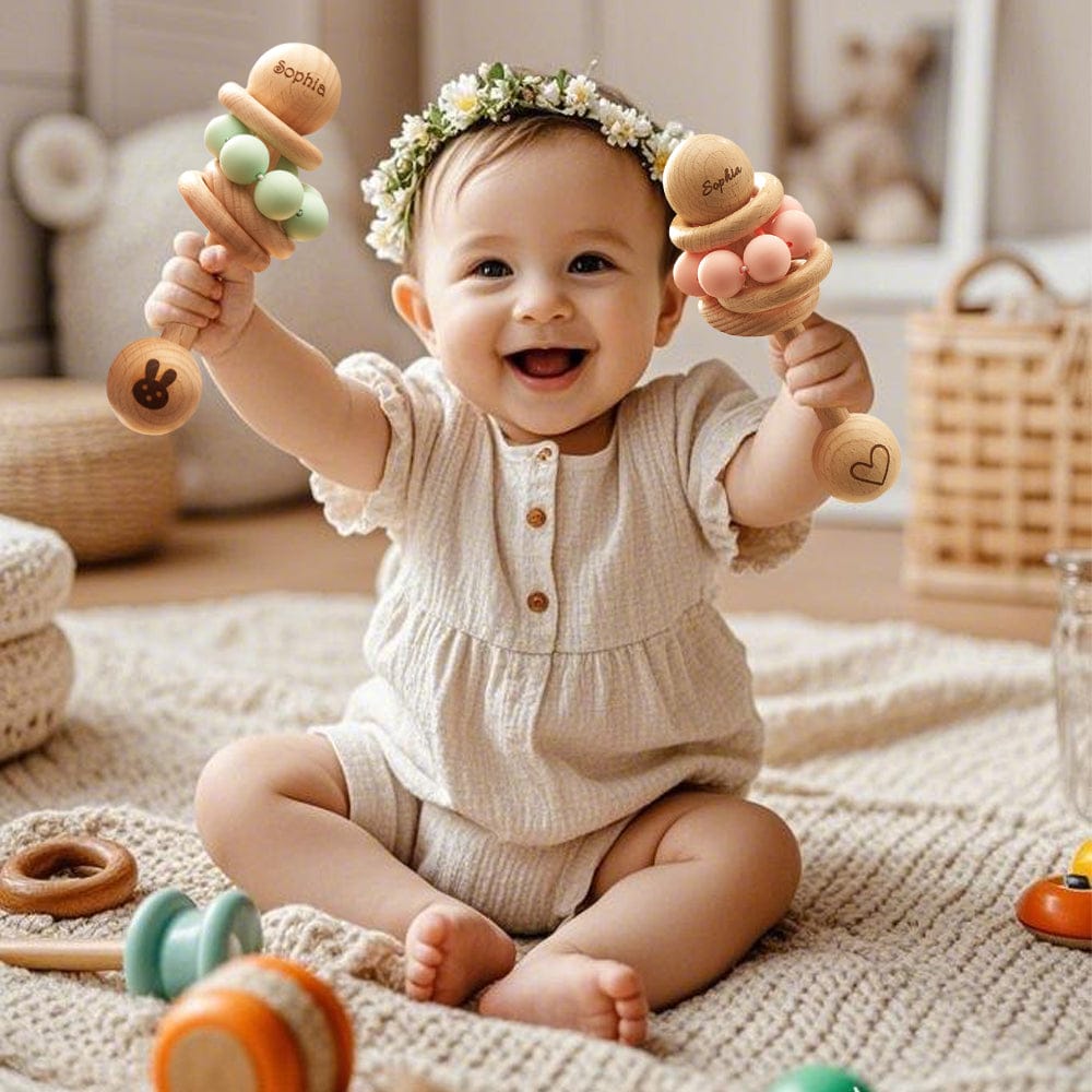 Personalized Wooden Baby Rattle with Engraved Name Toy Shower Birthday Gift for Baby