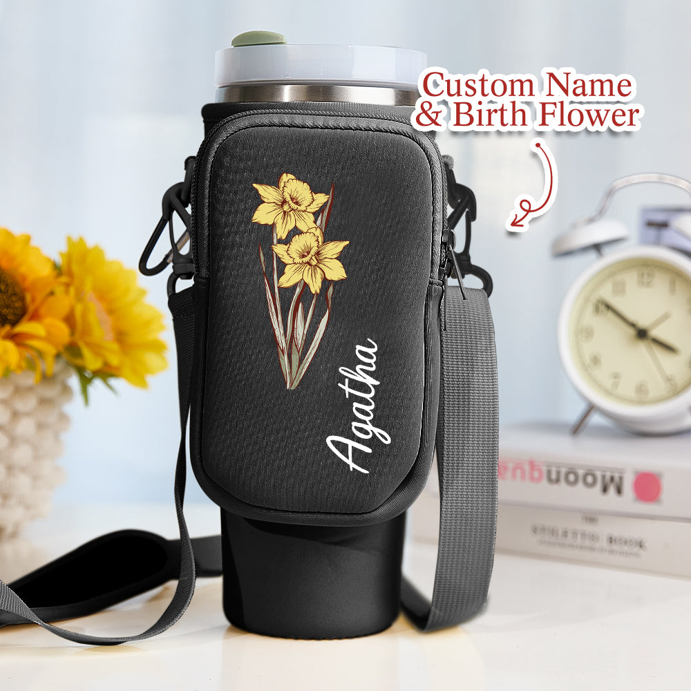 Personalized Birth Flower Waterproof Bottle Carrier Bag with Removable Pouch for 40oz Stanley Tumbler Gift for Women