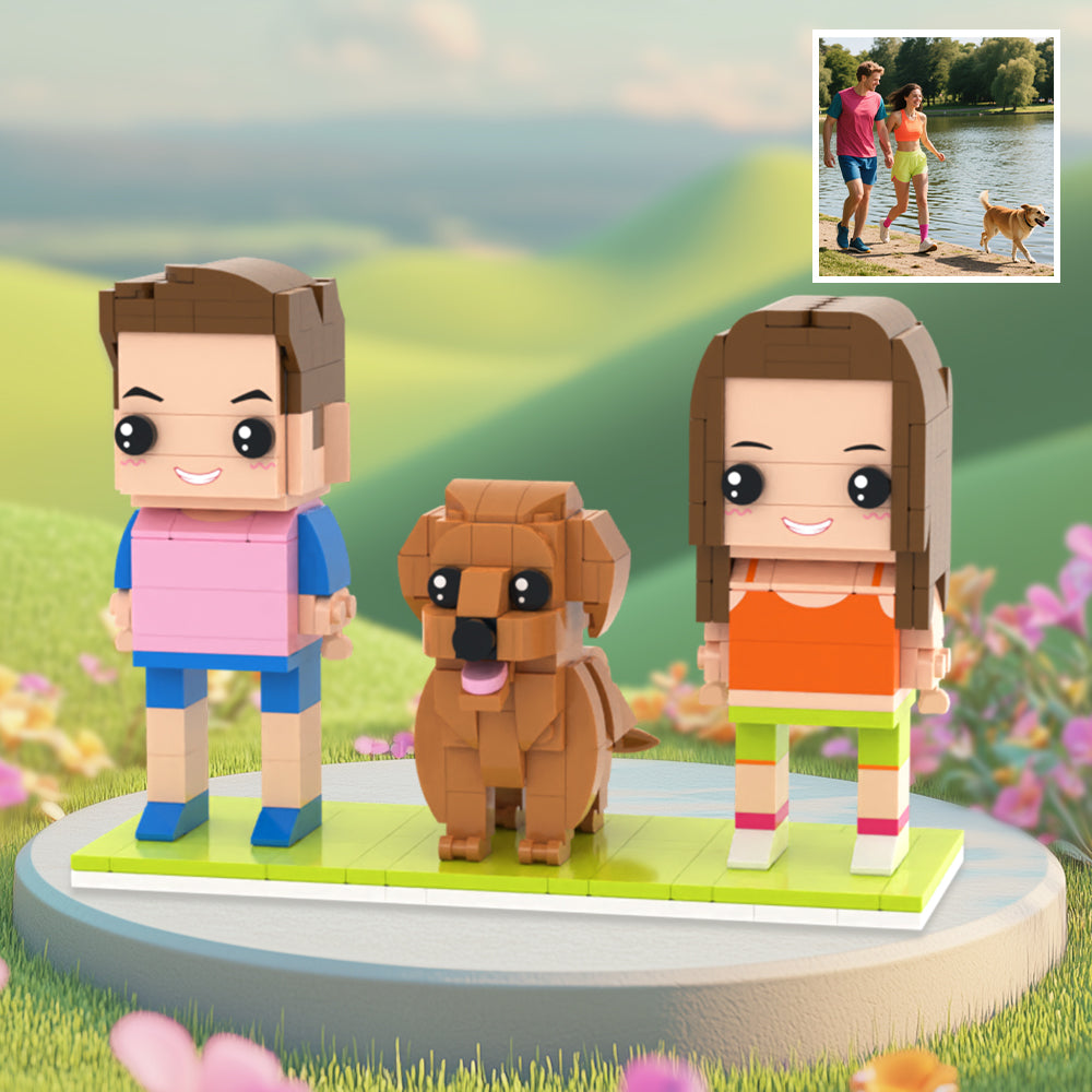 Custom Full-Body Brick Figures of 2 People and 1 Dog Personalized Anniversary Gift Birthday Gift