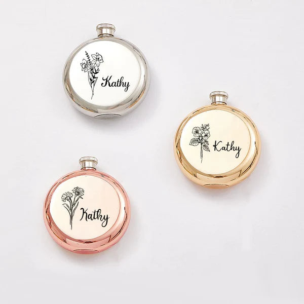Personalized Name Flask with Birth Flower Custom Flask Gift for Bridesmaid Bachelorette Friends