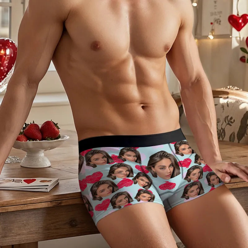 Personalized Face Boxer with Red and Pink Hearts without Custom Belt Text Men Underwear Personalized Photo Funny Valentines Gift