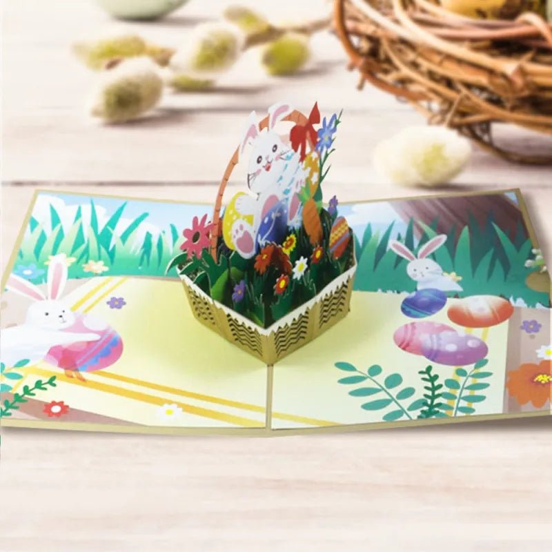 Easter Bunnies with Basket of Eggs 3D Pop - Up Greeting Card - DiyGiftly