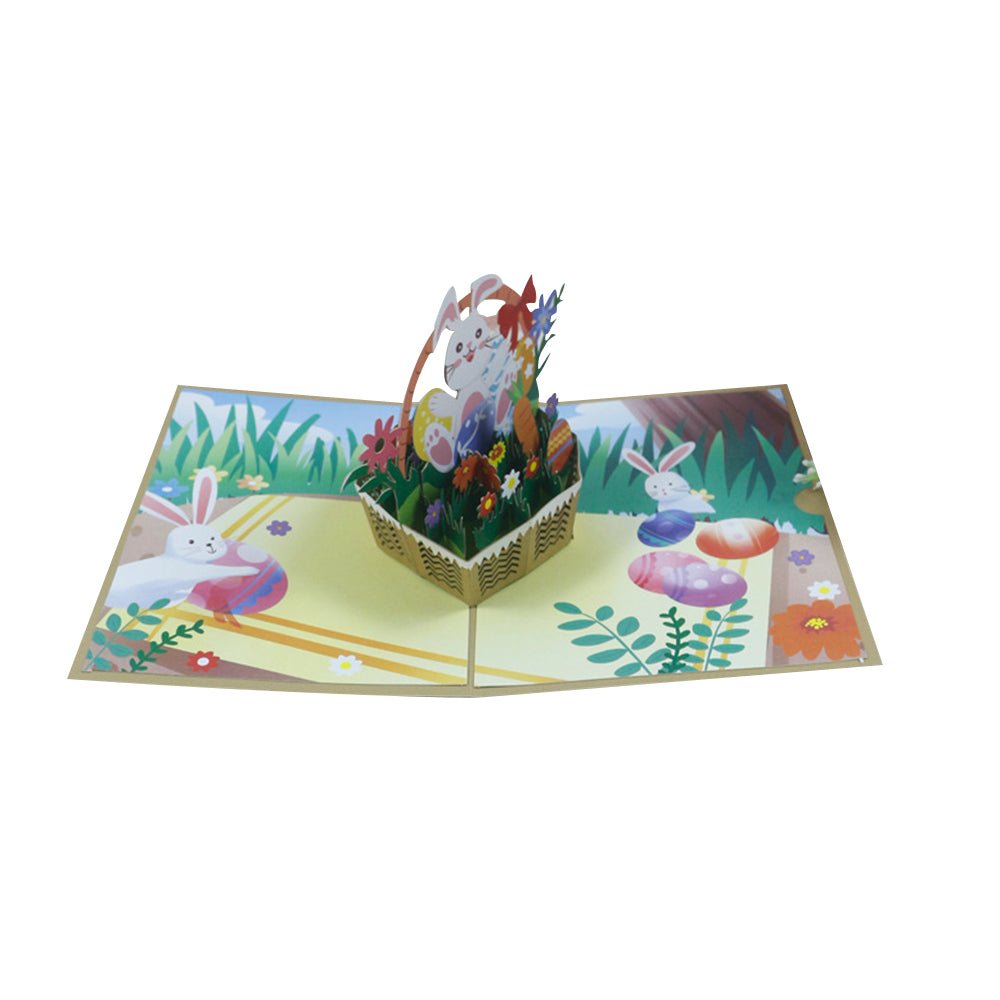 Easter Bunnies with Basket of Eggs 3D Pop - Up Greeting Card - DiyGiftly