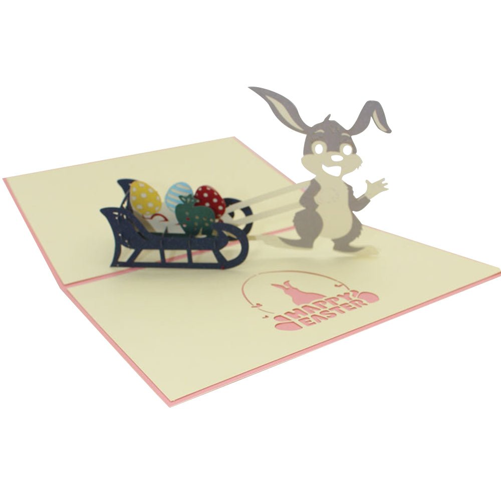 Easter Bunny Pulling a Cart of Colorful Eggs 3D Pop - Up Greeting Card - DiyGiftly