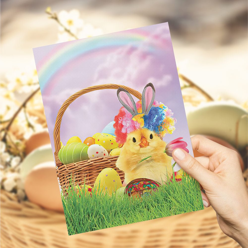 Easter Greeting Card Featuring Chick and Basket of Colorful Eggs Gift Card - DiyGiftly