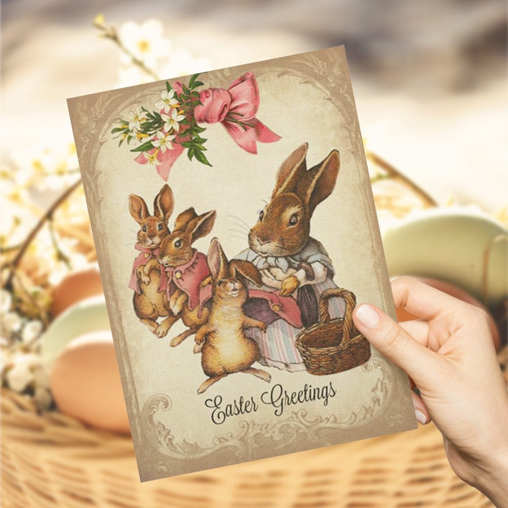 Easter Greetings Card with Mother Bunny and Baby Bunnies Gift Card - DiyGiftly