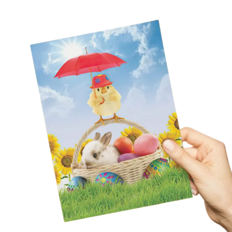 Easter Theme Greeting Card with Umbrella Chick, Bunny and Easter Eggs - DiyGiftly
