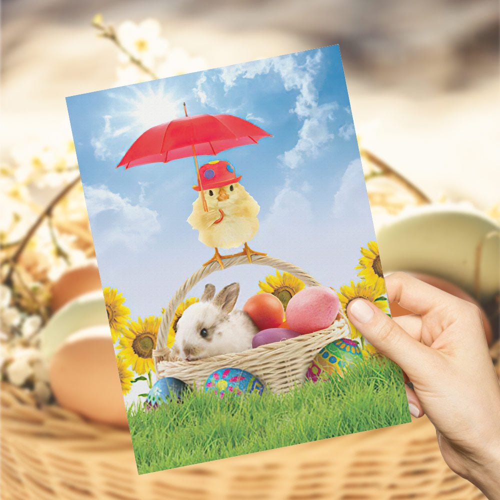 Easter Theme Greeting Card with Umbrella Chick, Bunny and Easter Eggs - DiyGiftly
