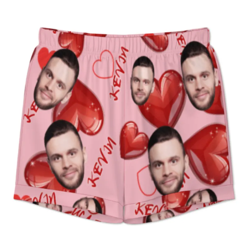 Custom Face Short Sleeve Pajama with Red Hearts Prints Valentine's Day Gift for Her
