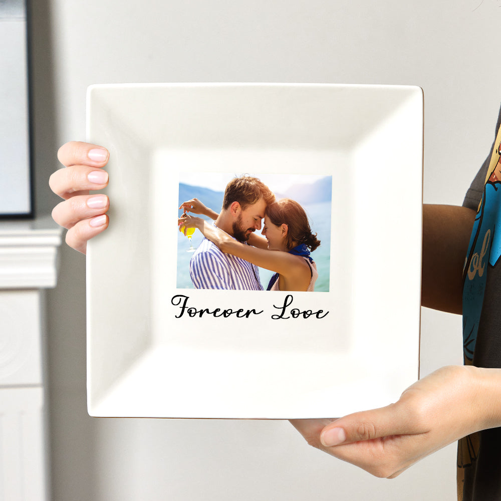 Custom Photo & Text Square Ceramic Plate Anniversary Gift Kitchen Decor