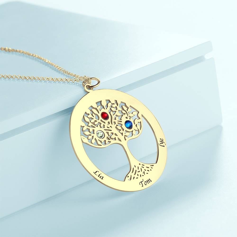 Personalized Family Tree Necklace Engraved Name Birthstone Necklace S925 Silver