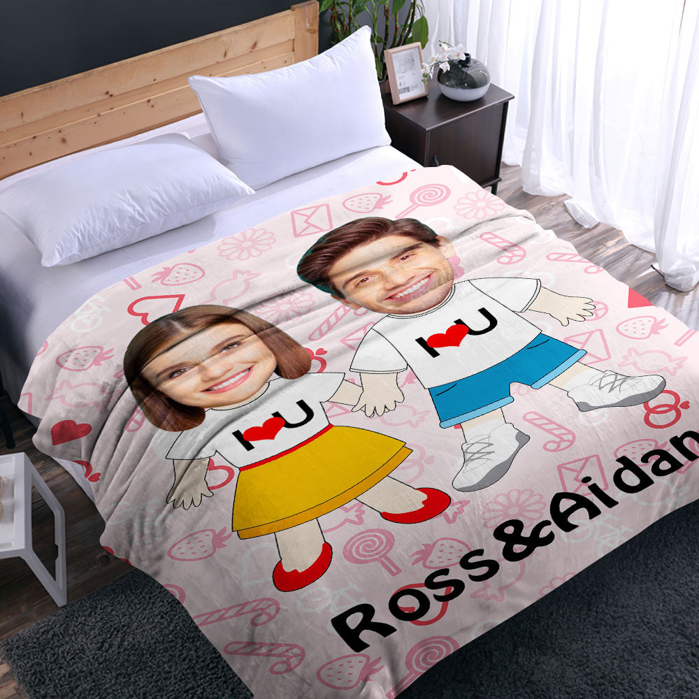 I LOVE U Custom Names Blanket Personalized Face Couple Blanket