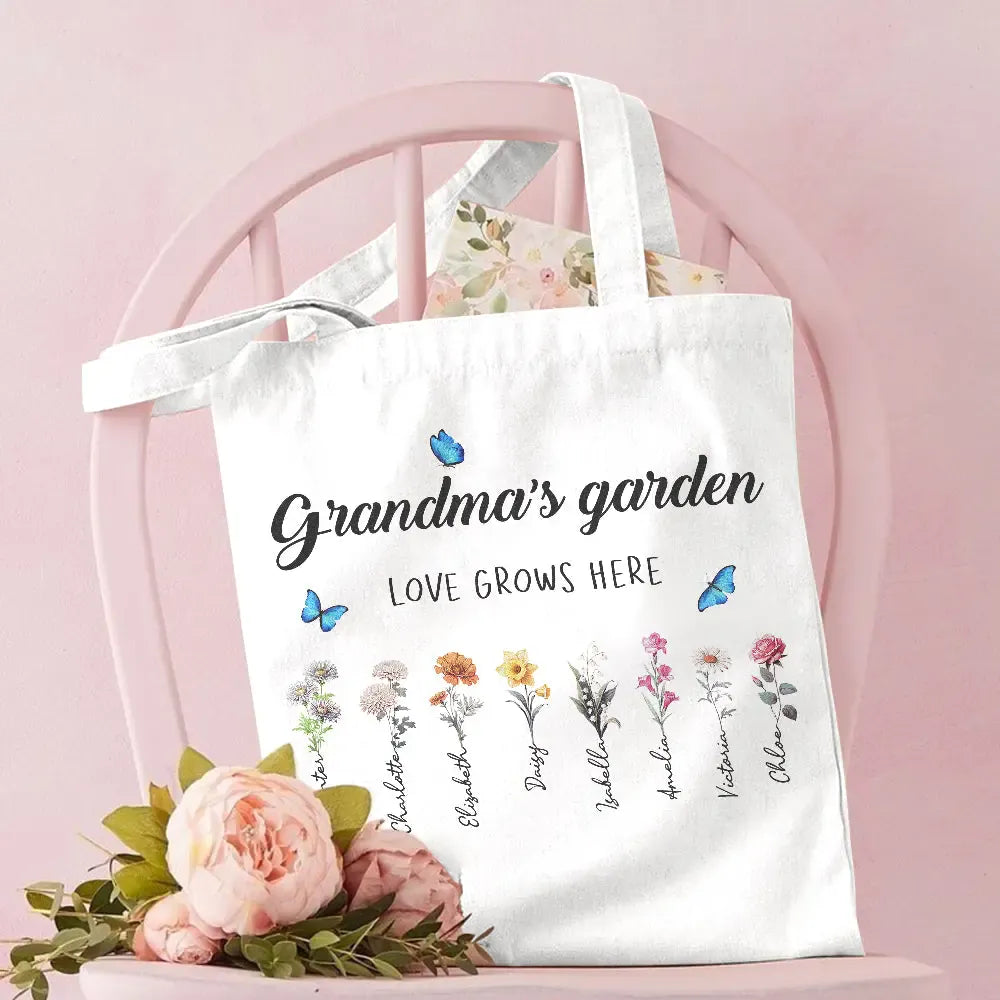 Personalized Birth Month Flowers Grandma's Garden Tote Bag Mom's Garden Tote Bag With Kids Names Gift For Grandma