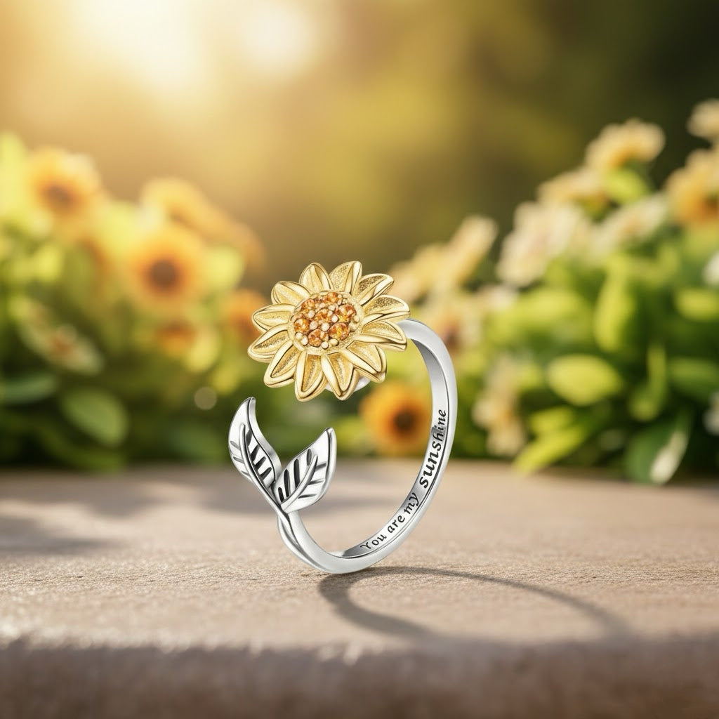 Sunflower Fidget Ring – Adjustable Stress Relief Ring Jewelry Gift for Him/Her