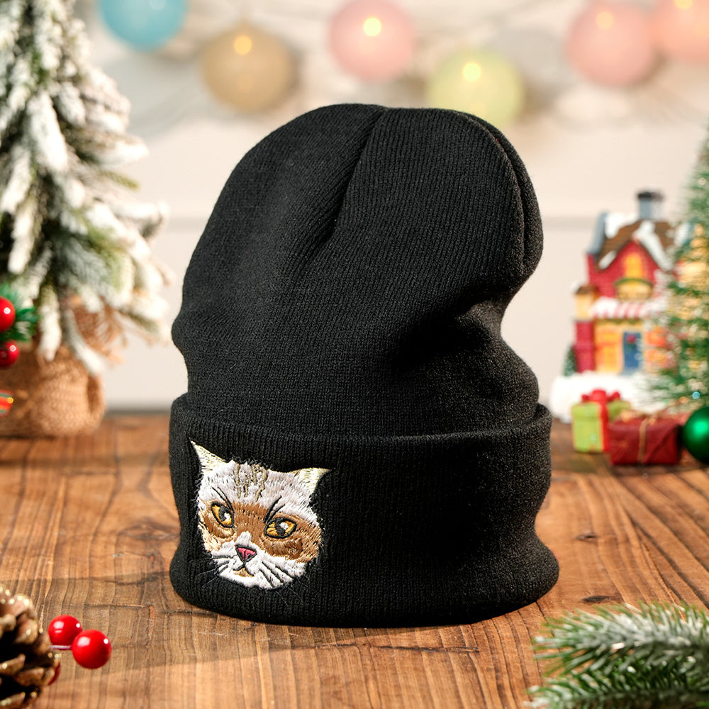 Knit Beanie Personalized Pet Portrait for Everyday Wear White
