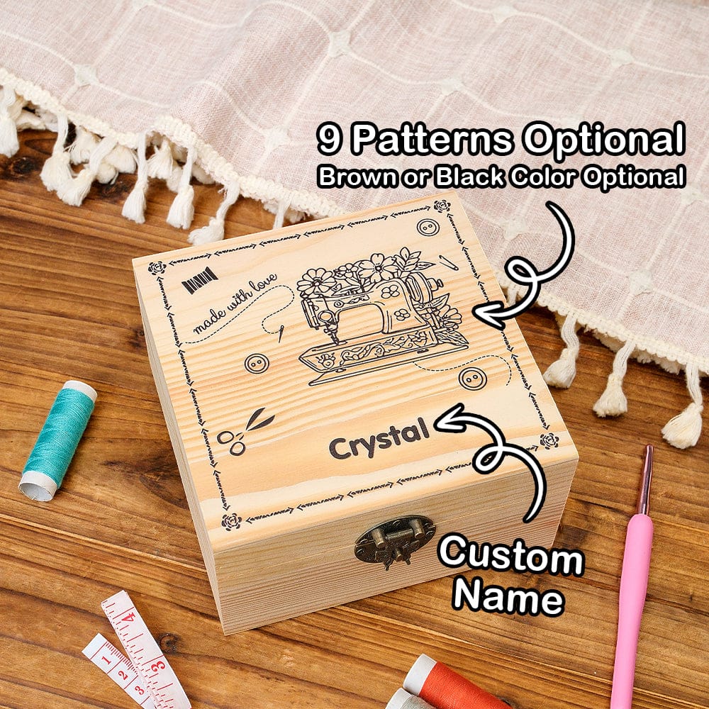 Personalized Sewing Machine Pattern Wooden Storage Box Gift for Seamstress Sewing Enthusiast