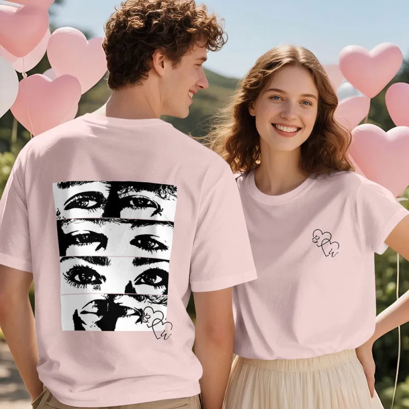 Custom Photo Line Art Style T-shirt Personalized Eyes Shirt for Couple Valentines Gift