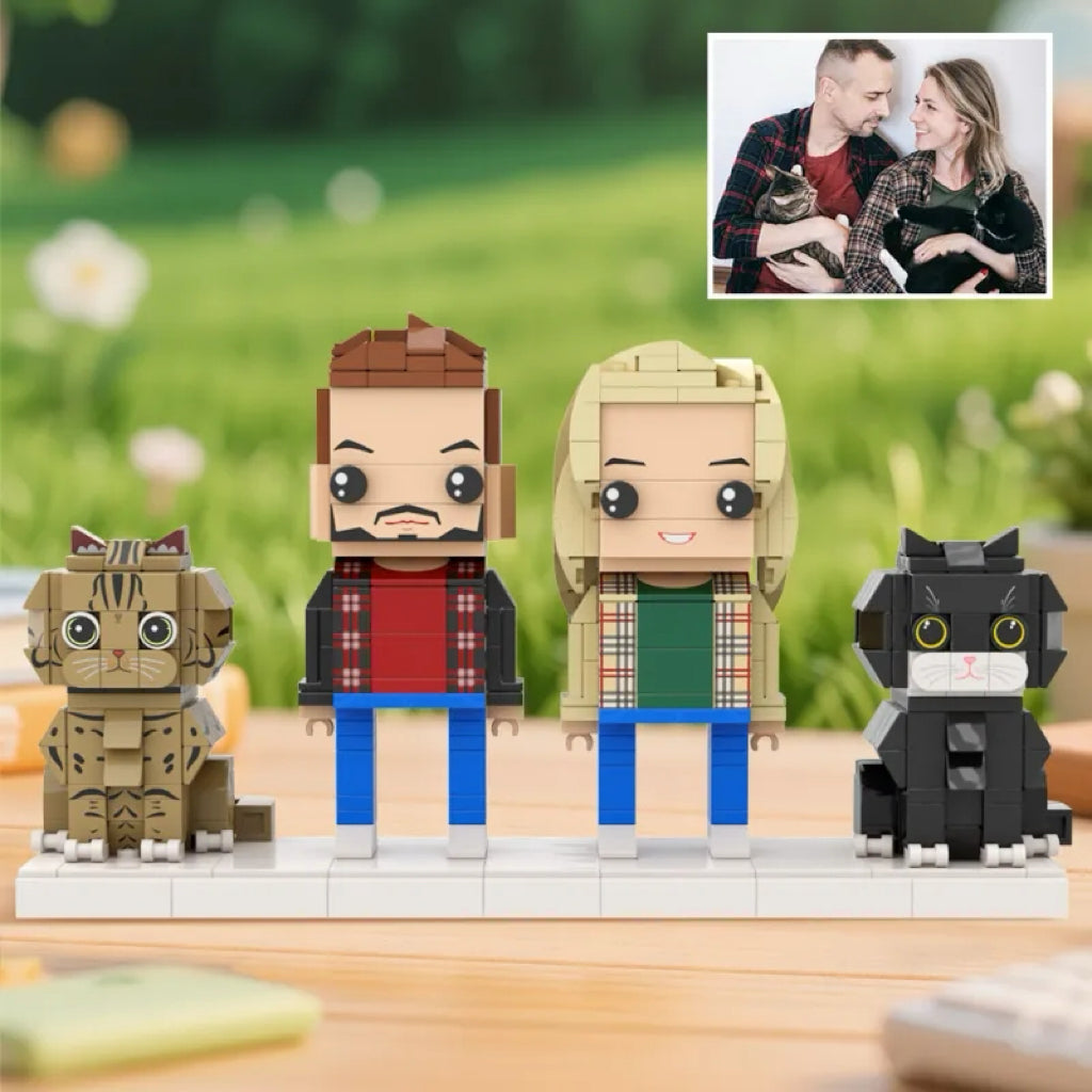 Custom Full-Body Brick Figures of 2 People and 2 Cute Cats Personalized Anniversary Gift Birthday Gift