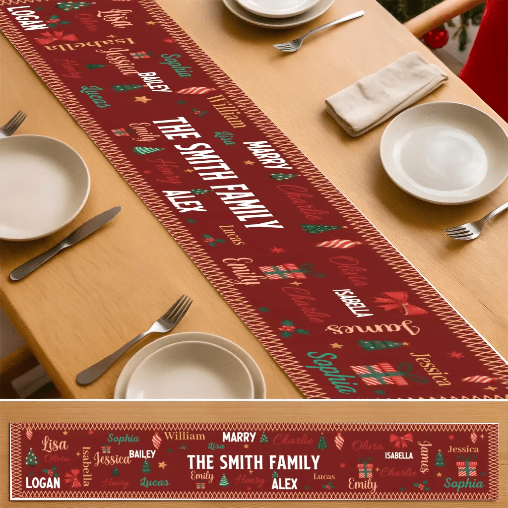 Family Name Word Christmas Theme – Personalized Table Runner with Custom Name – Holiday Dining Table Décor for Christmas Dinner, Winter Parties & Family Gatherings 1059759 - DiyGiftly