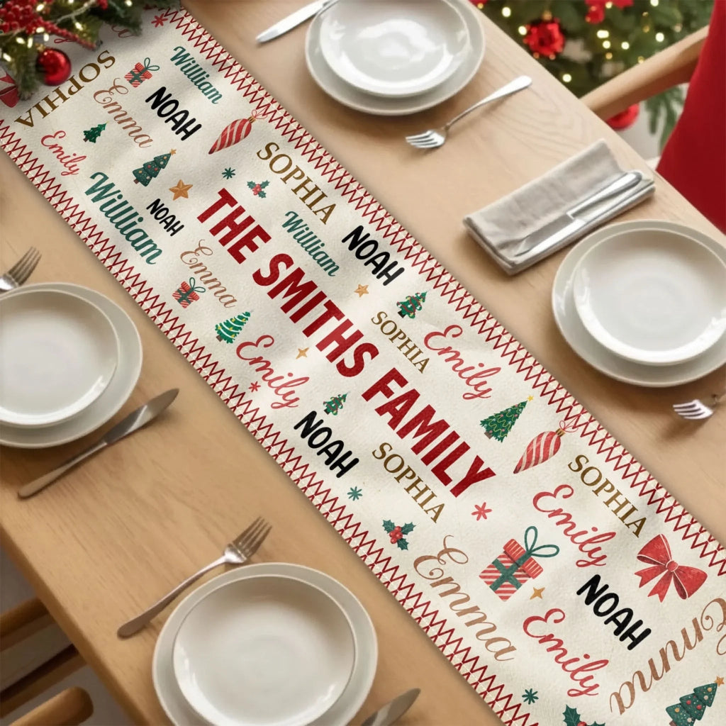 Family Name Word Christmas Theme – Personalized Table Runner with Custom Name – Holiday Dining Table Décor for Christmas Dinner, Winter Parties & Family Gatherings 1059759 - DiyGiftly