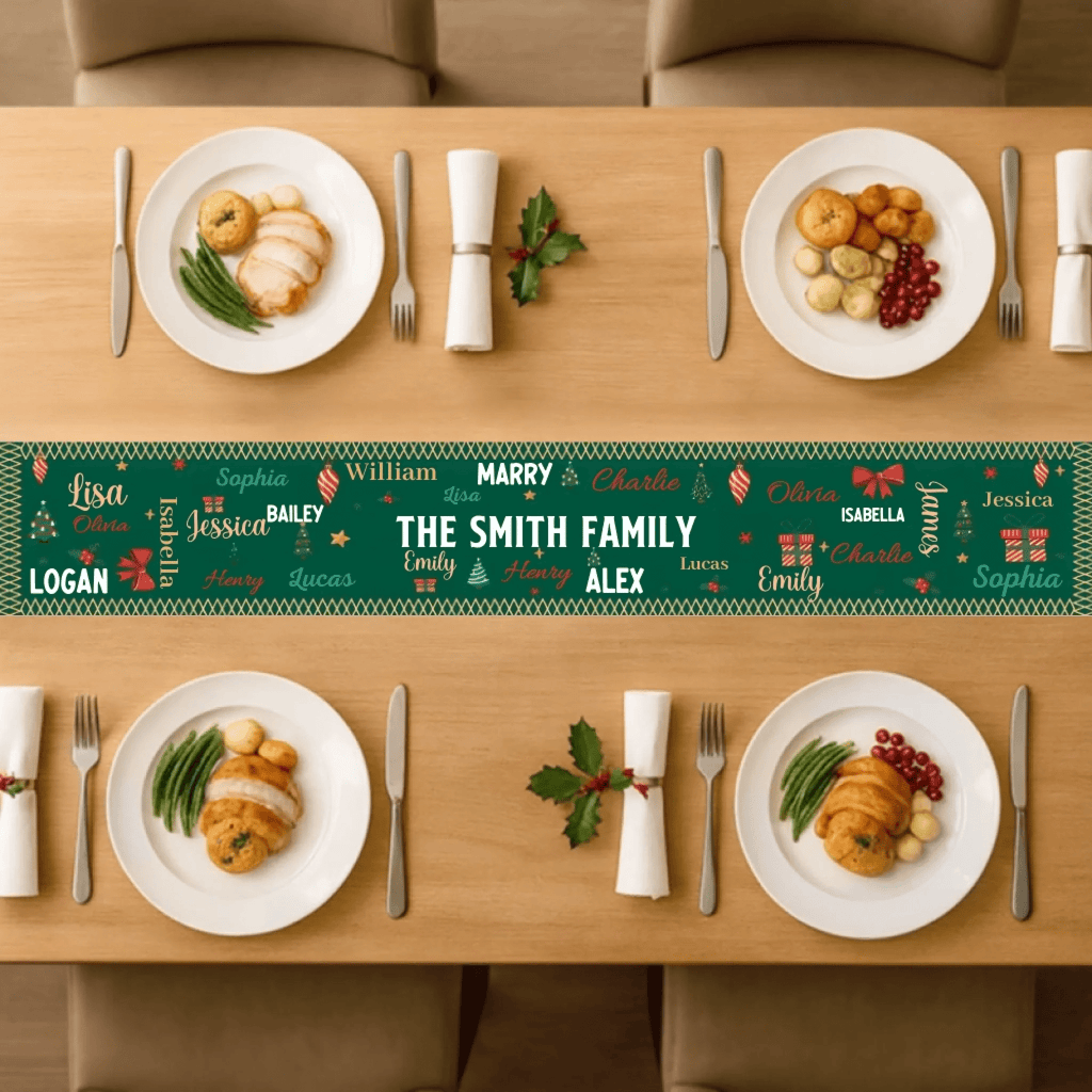 Family Name Word Christmas Theme – Personalized Table Runner with Custom Name – Holiday Dining Table Décor for Christmas Dinner, Winter Parties & Family Gatherings 1059759 - DiyGiftly