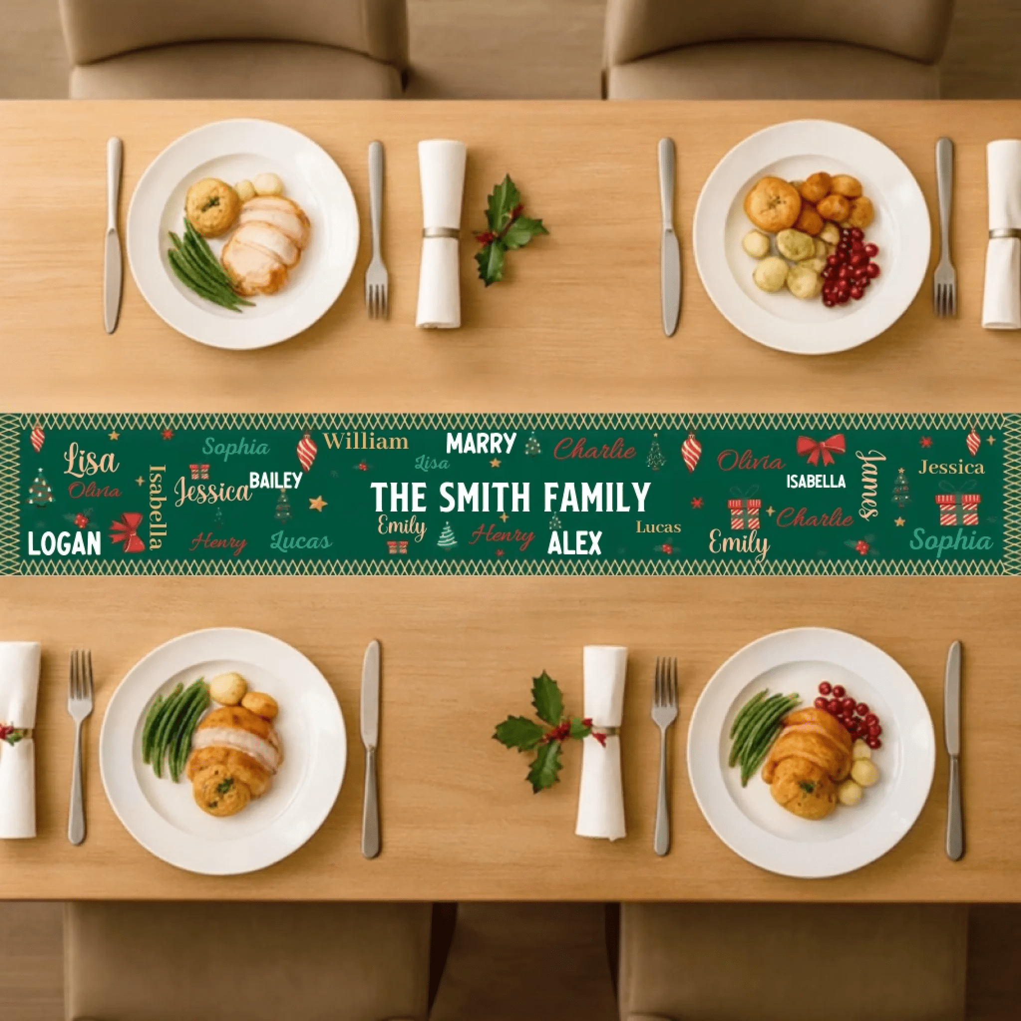 Family Name Word Christmas Theme – Personalized Table Runner with Custom Name – Holiday Dining Table Décor for Christmas Dinner, Winter Parties & Family Gatherings 1059759 - DiyGiftly