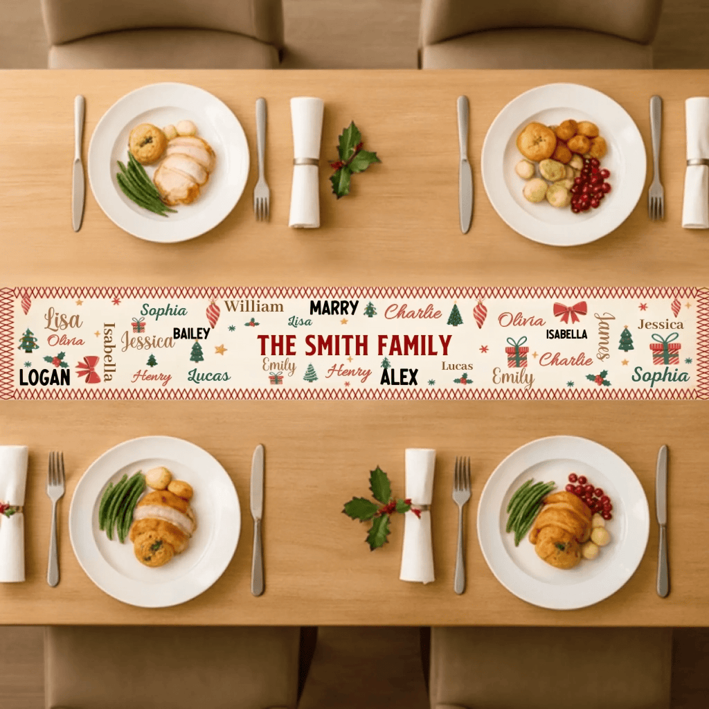 Family Name Word Christmas Theme – Personalized Table Runner with Custom Name – Holiday Dining Table Décor for Christmas Dinner, Winter Parties & Family Gatherings 1059759 - DiyGiftly