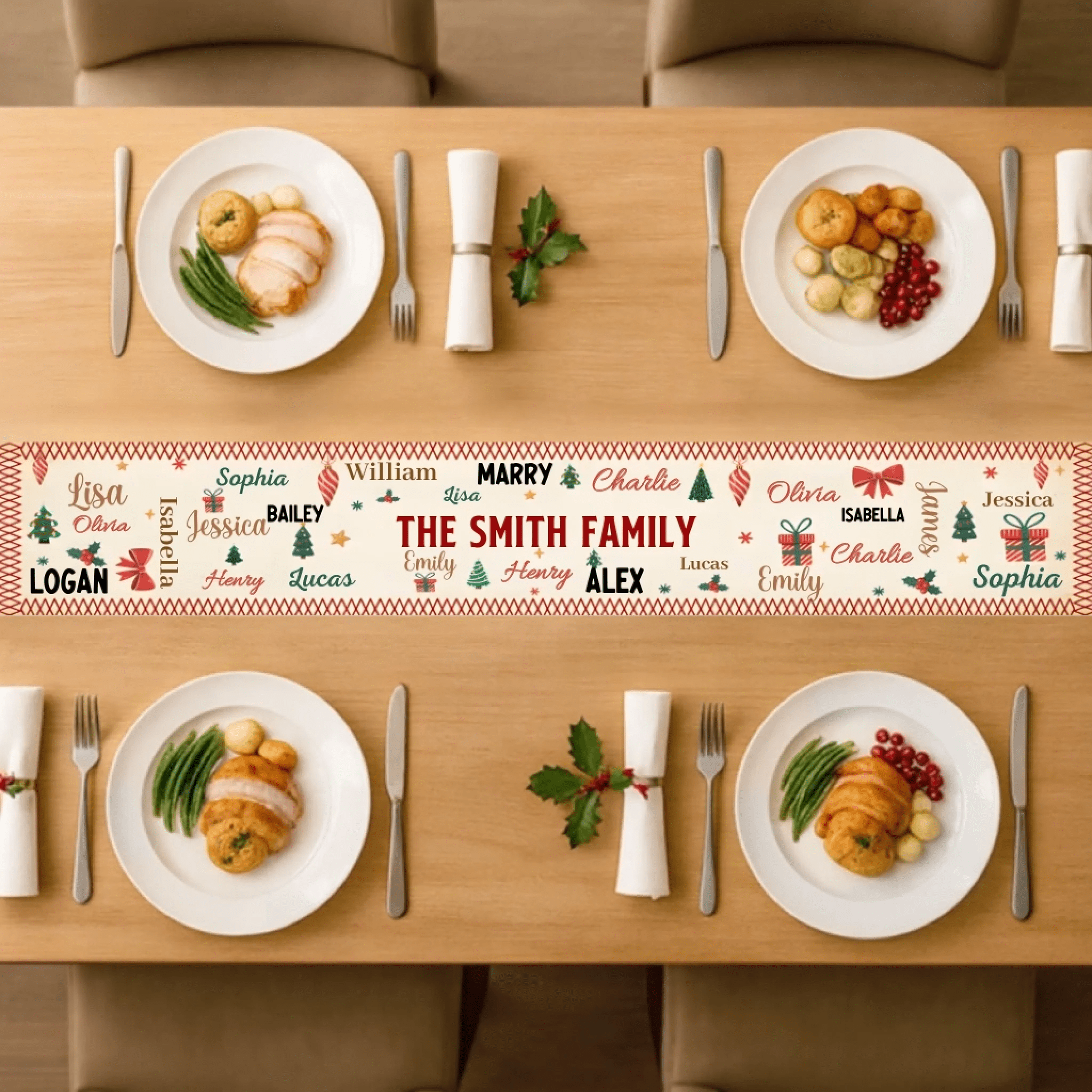 Family Name Word Christmas Theme – Personalized Table Runner with Custom Name – Holiday Dining Table Décor for Christmas Dinner, Winter Parties & Family Gatherings 1059759 - DiyGiftly
