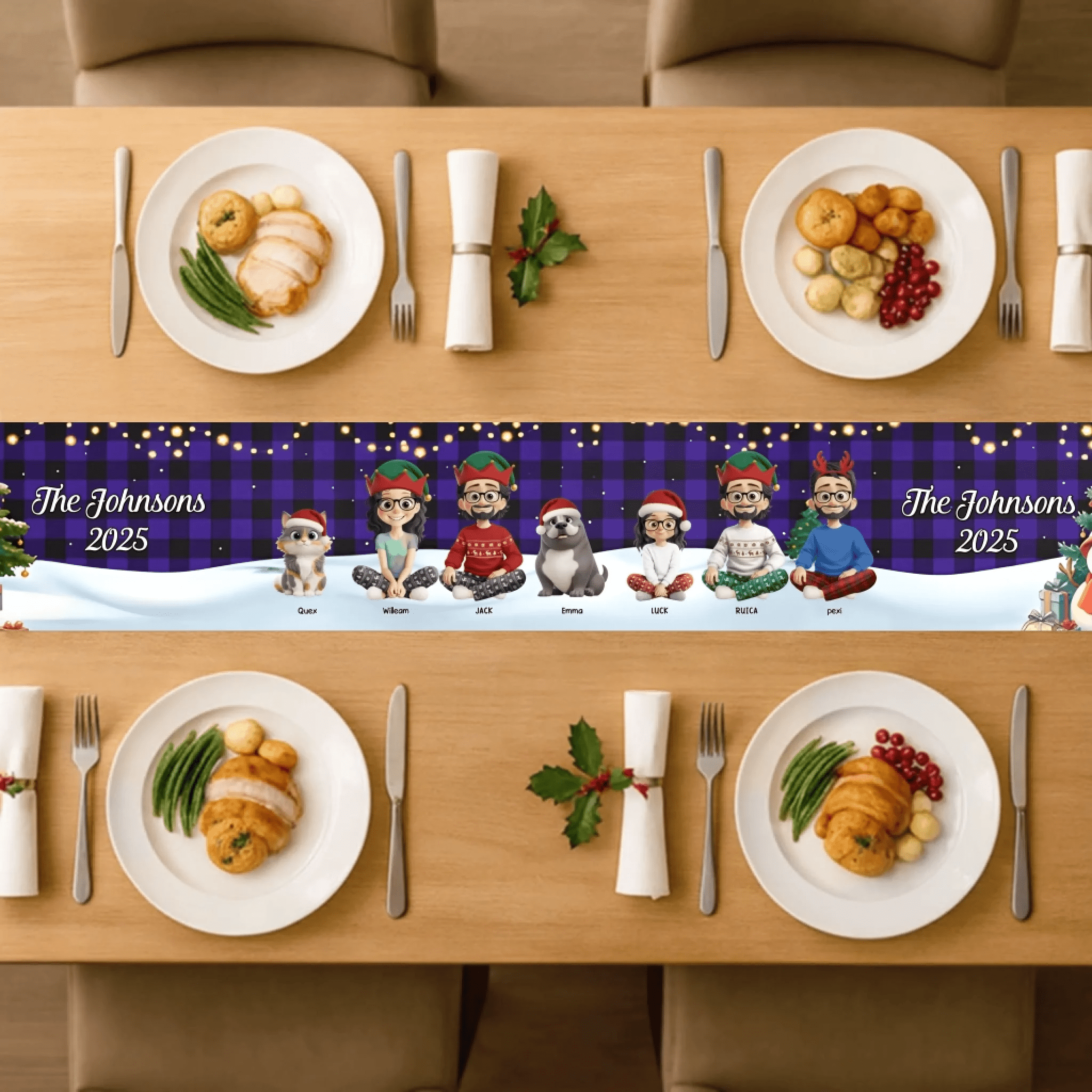 Family Sitting Christmas Plaid Pattern – Personalized Table Runner for Holiday Dinner Table Decor, Custom Family Name Christmas Decoration, Festive Red Plaid Table Linen, Perfect for Christmas Parties, Home Decor & Holiday Gifts 1058873 - DiyGiftly