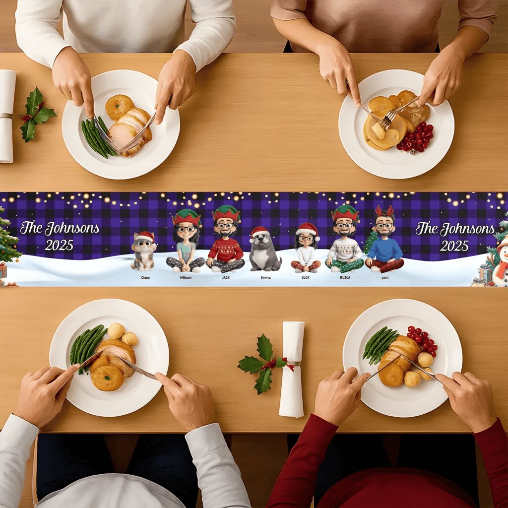 Family Sitting Christmas Plaid Pattern – Personalized Table Runner for Holiday Dinner Table Decor, Custom Family Name Christmas Decoration, Festive Red Plaid Table Linen, Perfect for Christmas Parties, Home Decor & Holiday Gifts 1058873 - DiyGiftly