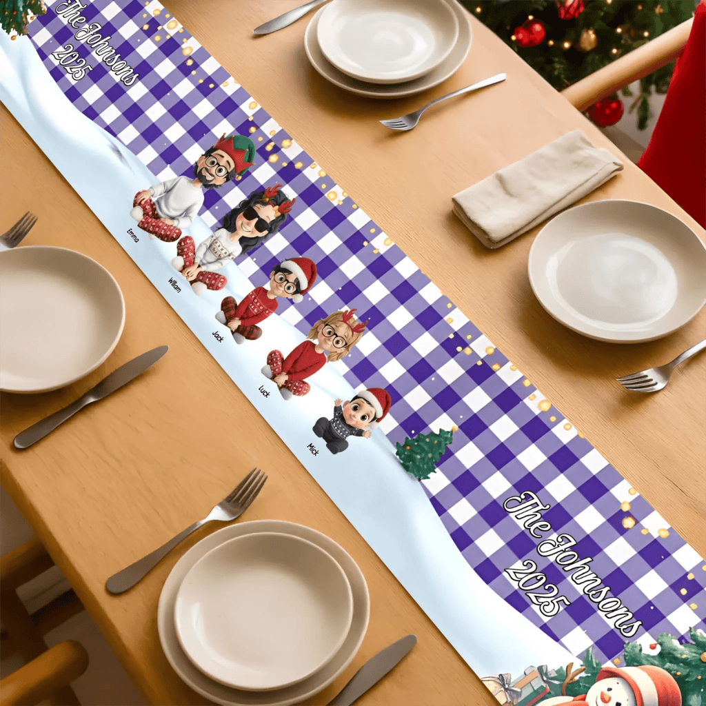Family Sitting Christmas Plaid Pattern – Personalized Table Runner for Holiday Dinner Table Decor, Custom Family Name Christmas Decoration, Festive Red Plaid Table Linen, Perfect for Christmas Parties, Home Decor & Holiday Gifts 1058873 - DiyGiftly