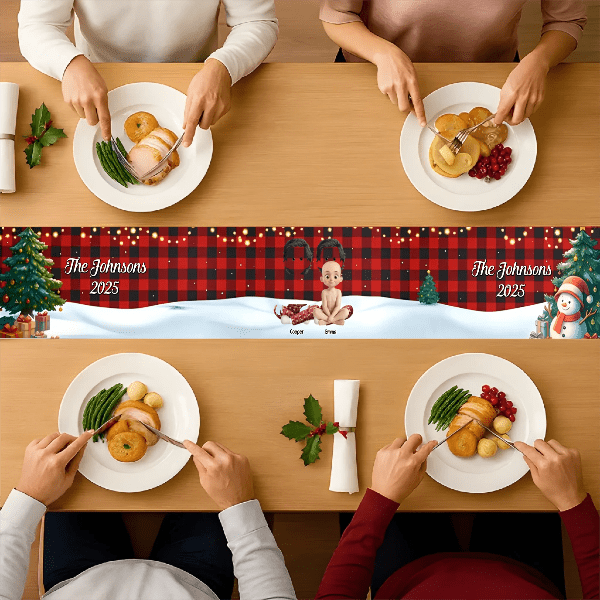 Family Sitting Christmas Plaid Pattern – Personalized Table Runner for Holiday Dinner Table Decor, Custom Family Name Christmas Decoration, Festive Red Plaid Table Linen, Perfect for Christmas Parties, Home Decor & Holiday Gifts 1058873 - DiyGiftly