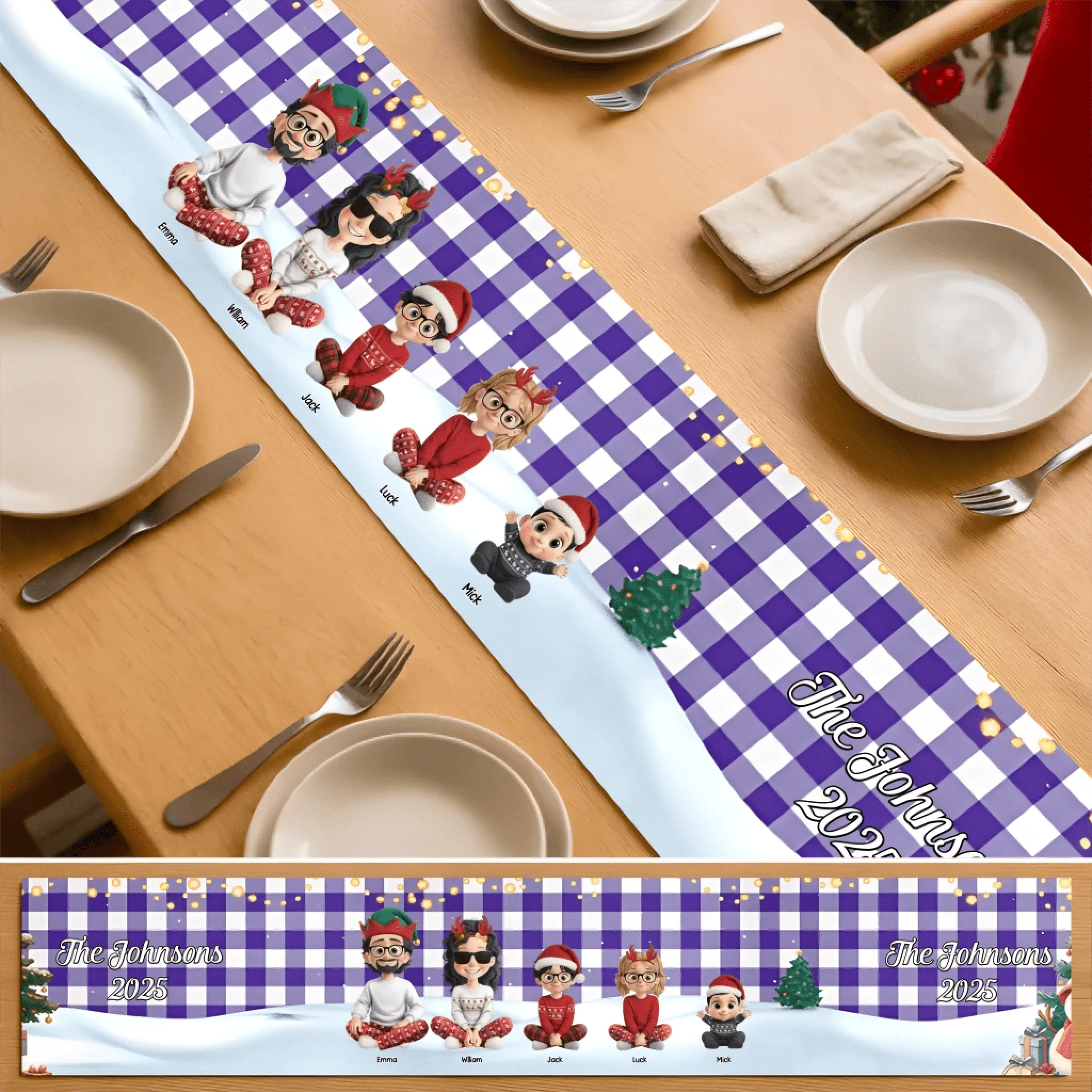 Family Sitting Christmas Plaid Pattern – Personalized Table Runner for Holiday Dinner Table Decor, Custom Family Name Christmas Decoration, Festive Red Plaid Table Linen, Perfect for Christmas Parties, Home Decor & Holiday Gifts 1058873 - DiyGiftly
