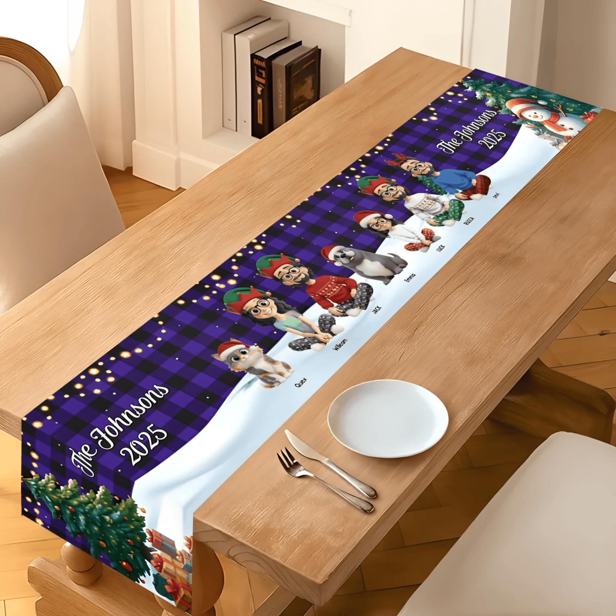 Family Sitting Christmas Plaid Pattern – Personalized Table Runner for Holiday Dinner Table Decor, Custom Family Name Christmas Decoration, Festive Red Plaid Table Linen, Perfect for Christmas Parties, Home Decor & Holiday Gifts 1058873 - DiyGiftly