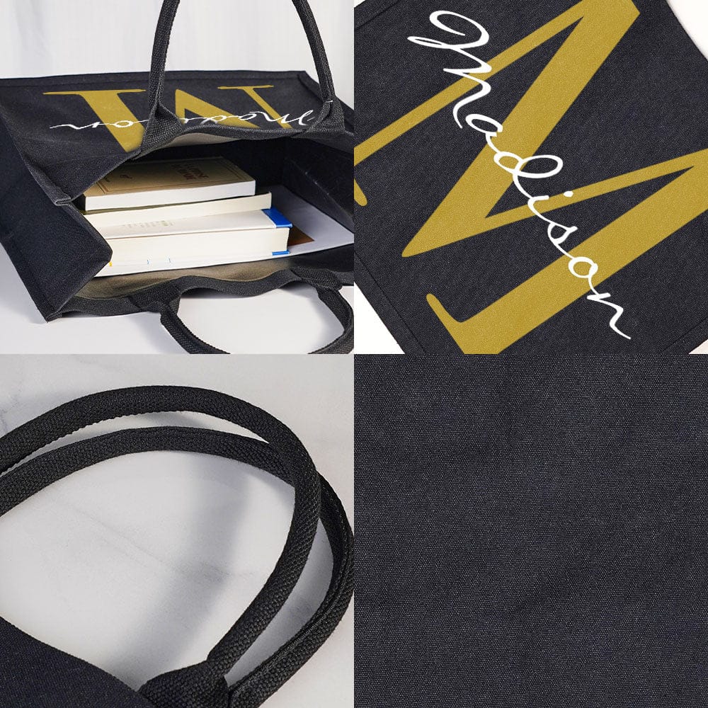 Personalized Black Canvas Bag with Name and Initial Birthday Wedding Party Gift for Women