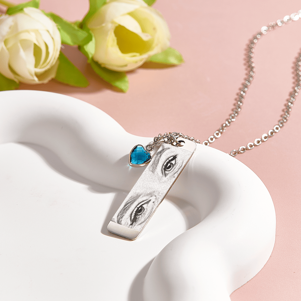 Custom Photo Necklace with Birthstone Eye Engraved Necklace Gifts for Her