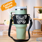 Personalized Butterfly Water Bottle Carrier Bag for 40oz Stanley Tumbler with Adjustable Strap Gift for Women