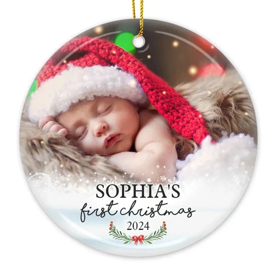 First Christmas - Personalized Custom Round Shaped Ceramic Photo Christmas Ornament - Upload Image, Gift For Family, Christmas Gift 677394 - DiyGiftly