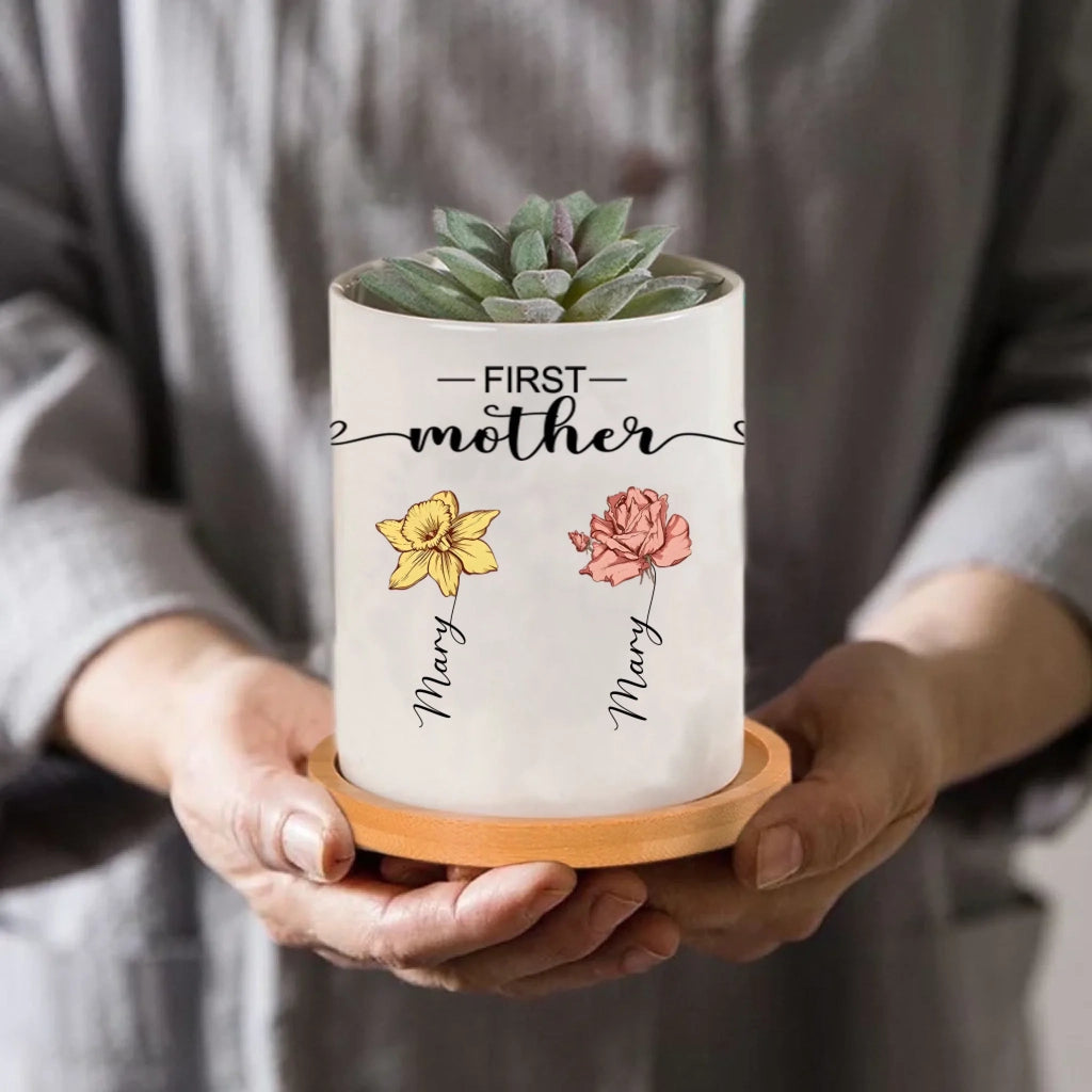 “First Mom, Now Grandma” Personalized Birth Flower Ceramic Planter Pot with Custom Names and Bamboo Base – Unique Succulent Pot Gift for Mother’s Day, Birthdays, New Grandma Announcements, Home Décor for Mom & Grandma 1090059 - DiyGiftly