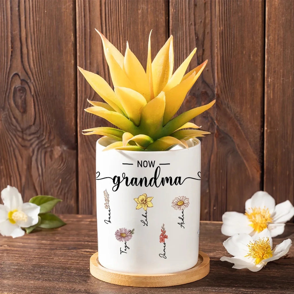 “First Mom, Now Grandma” Personalized Birth Flower Ceramic Planter Pot with Custom Names and Bamboo Base – Unique Succulent Pot Gift for Mother’s Day, Birthdays, New Grandma Announcements, Home Décor for Mom & Grandma 1090059 - DiyGiftly