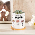 “First Mom, Now Grandma” Personalized Birth Flower Ceramic Planter Pot with Custom Names and Bamboo Base – Unique Succulent Pot Gift for Mother’s Day, Birthdays, New Grandma Announcements, Home Décor for Mom & Grandma 1090059 - DiyGiftly