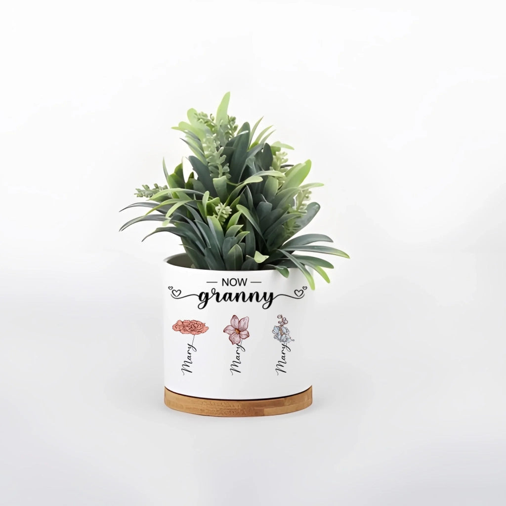 “First Mom, Now Grandma” Personalized Birth Flower Ceramic Planter Pot with Custom Names and Bamboo Base – Unique Succulent Pot Gift for Mother’s Day, Birthdays, New Grandma Announcements, Home Décor for Mom & Grandma 1090059 - DiyGiftly