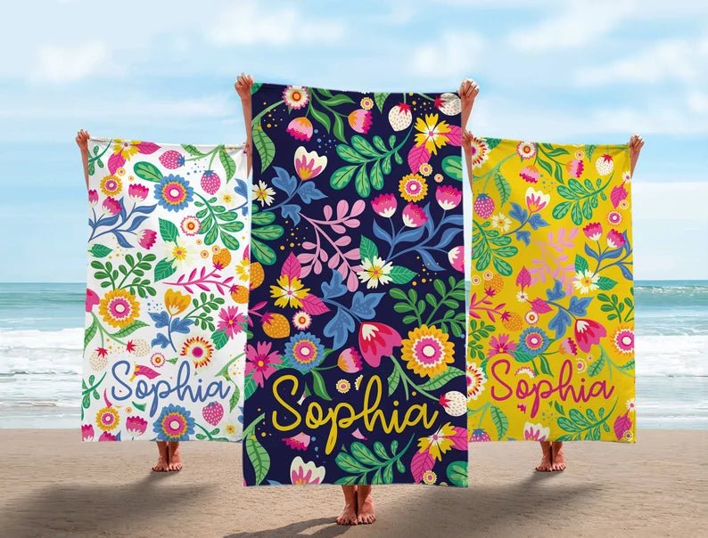 Floral Personalized Beach Towel, Custom Name Beach Towel, Flower Pool Towel, Birthday Gift, Kids Towel, beach gifts, Bride Bridesdmaid Gift 59167744 - DiyGiftly