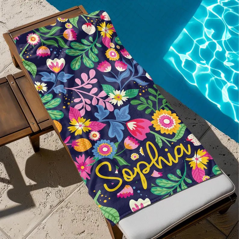 Floral Personalized Beach Towel, Custom Name Beach Towel, Flower Pool Towel, Birthday Gift, Kids Towel, beach gifts, Bride Bridesdmaid Gift 59167744 - DiyGiftly