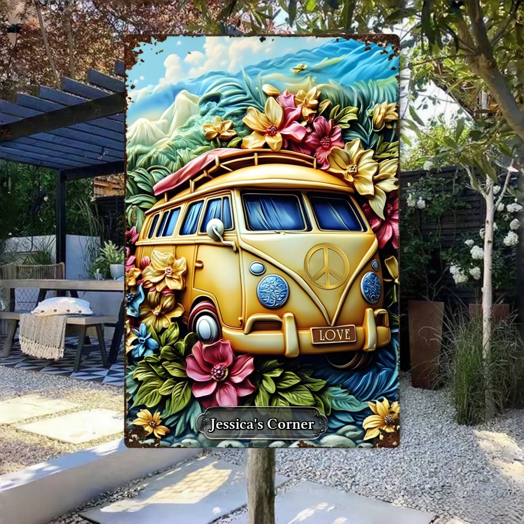Floral Van Peace Sign - Personalized Hippie Rectangle Metal Sign 736466 - 736479 - DiyGiftly