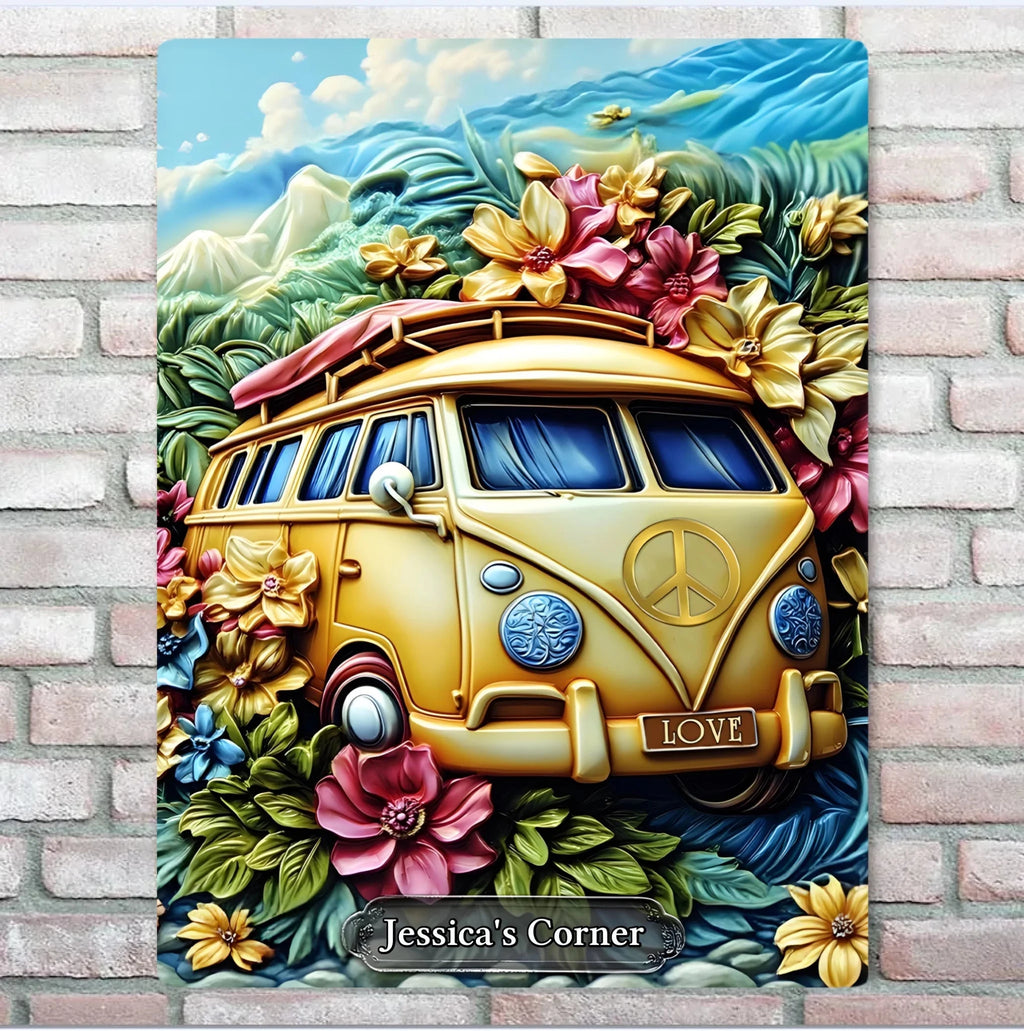 Floral Van Peace Sign - Personalized Hippie Rectangle Metal Sign 736466 - 736479 - DiyGiftly